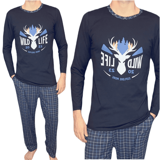 LA PENNA Pánské pyžamo dlouhé kalhoty s dlouhým rukávem tmavě modrá jelen