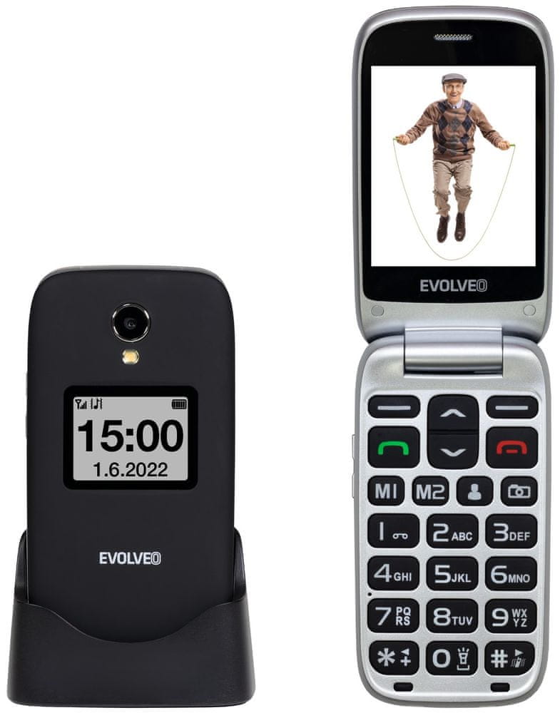 Levně Evolveo EasyPhone FS, vyklápěcí mobilní telefon seniory s nabíjecím stojánkem, černá
