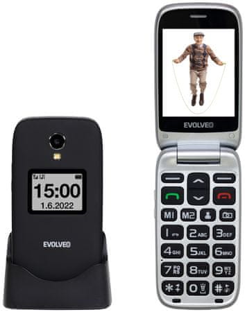 Evolveo EasyPhone FS GPS lokalizace senzor pádu mms zprávy tlačítkový telefon pro seniory pro důchodce, véčko, SOS tlačítko, velká tlačítka, dlouhá výdrž, nabíjecí stojánek 3Mpx fotoaparát kvalitní kamera fotokontakty LED blesk Fm rádio slot na paměťové karty výkonná baterie sluchátkový 3,5mm jack výkonný hlasitý reproduktor TFT displej pohodlný úchop USB-C