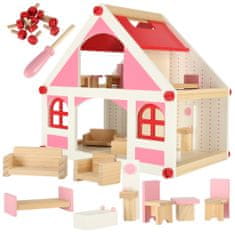 WOWO Montessori Dřevěný Domeček pro Panenky s Růžovými Doplňky k Nábytku, 36cm
