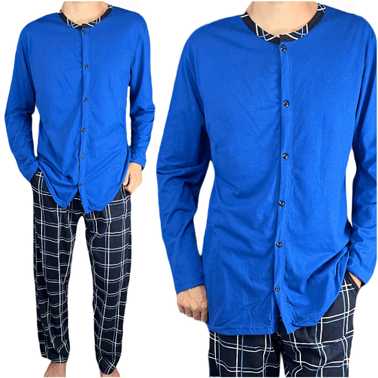LA PENNA Pánské bavlněné pyžamo dlouhé kostkované kalhoty dlouhý rukáv knoflíky modrá