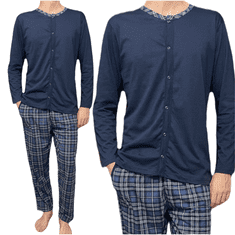 LA PENNA Pánské pyžamo zapínáním na knoflíky tmavě modré kalhoty mřížka XXL