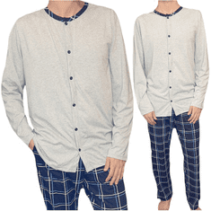 LA PENNA Pánské pyžamo dlouhé kalhoty mřížka dlouhý rukáv šedý melír rozepínací 3XL