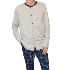 LA PENNA Pánské pyžamo dlouhé kalhoty mřížka dlouhý rukáv šedý melír rozepínací 3XL