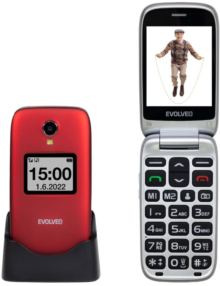 Evolveo EasyPhone FS, vyklápěcí mobilní telefon seniory s nabíjecím stojánkem, červená
