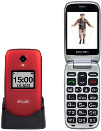 Evolveo EasyPhone FS GPS lokalizace senzor pádu mms zprávy , Dual SIM, tlačítkový telefon pro seniory pro důchodce, véčko, SOS tlačítko, velká tlačítka, dlouhá výdrž, nabíjecí stojánek 3Mpx fotoaparát kvalitní kamera fotokontakty LED blesk Fm rádio slot na paměťové karty výkonná baterie sluchátkový 3,5mm jack výkonný hlasitý reproduktor TFT displej pohodlný úchop