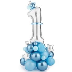 PartyDeco 1. narozeniny balónková dekorace – modro-stříbrná 90 x 140 cm