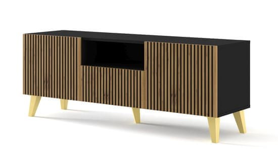 Homlando TV stolek RAVENNA F 150 cm 2D1S frézovaná matná černá / řemeslný dub