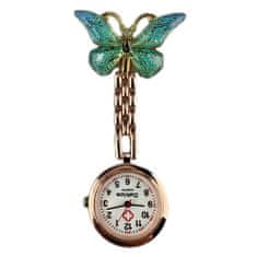 Daklos Kovové bronzové připínací kapesní hodinky s motýlkem nejen pro zdravotní sestru - Zelený motýl