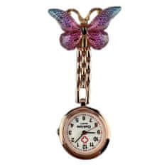 Daklos Kovové bronzové připínací kapesní hodinky s motýlkem nejen pro zdravotní sestru - Růžový motýl