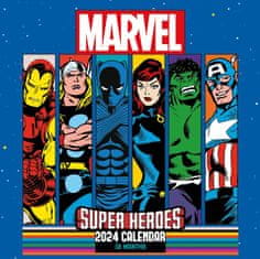CurePink Oficiální nástěnný kalendář 2024|16 měsíců Marvel: Super Heroes (30 cm x 30|60 cm)