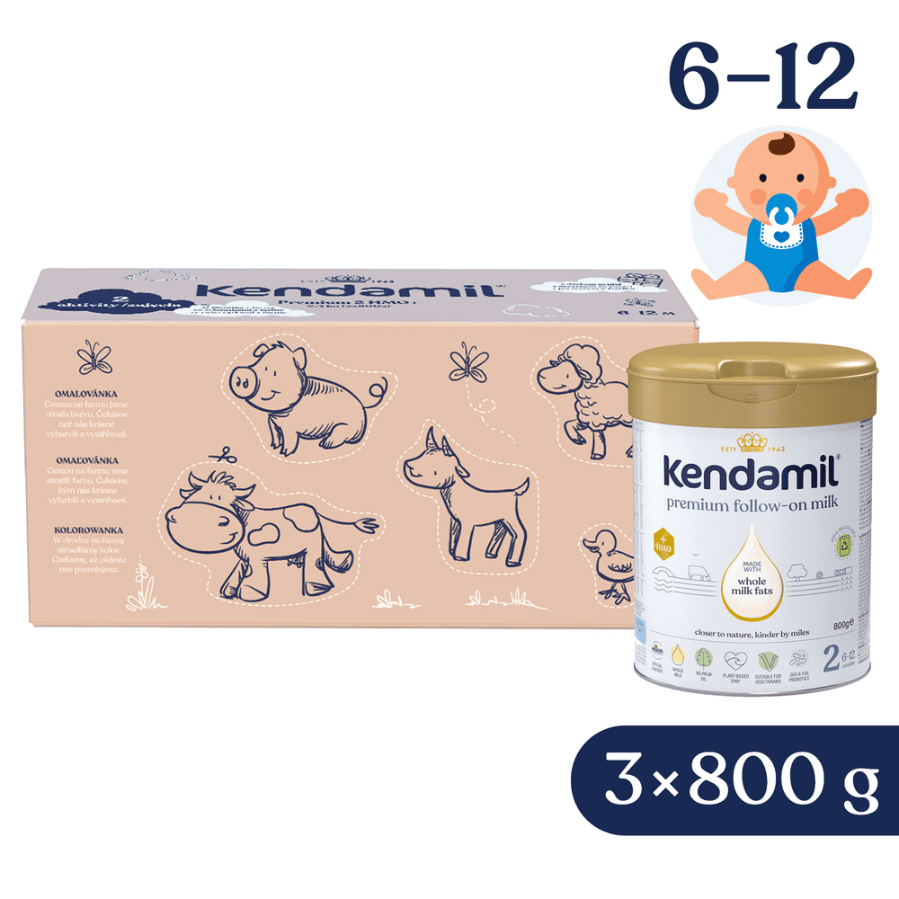 Levně Kendamil Premium 2 HMO+ 2,4 kg (3 × 800 g), kreativní balení s dárkem