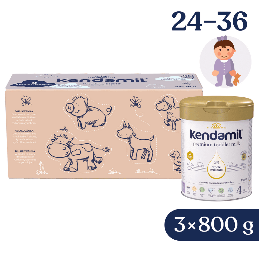 Levně Kendamil Premium 4 HMO+ 2,4 kg (3 × 800 g), kreativní balení s dárkem