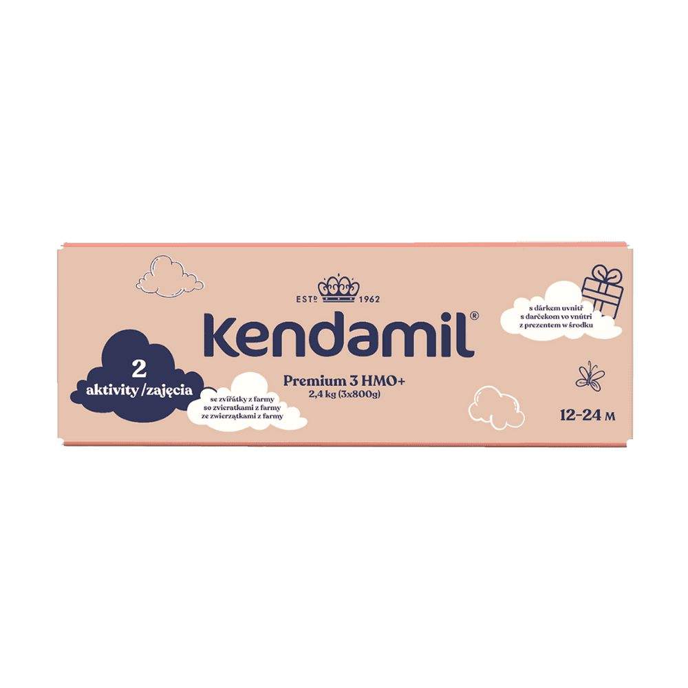 Levně Kendamil Premium 3 HMO+ 2,4 kg (3 × 800 g), kreativní balení s dárkem