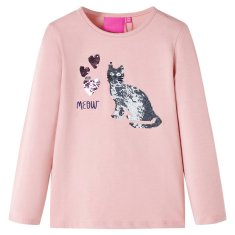 Greatstore Dětské tričko s dlouhým rukávem a flitry Kočka světle růžové 128