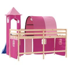 shumee Dětská patrová postel s věží růžová 90 x 190 cm masiv borovice