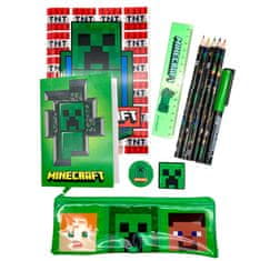 CurePink Set 8 školních potřeby Minecraft: Green (bloky, tužka, pastelky, lepidlo, ořezávátko, pravítko, guma, penál)