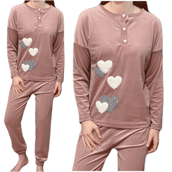 INNA Dámské pyžamo pudrová růžová velurová srdíčka