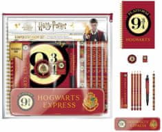 CurePink Set 8 kusů školních potřeb Harry Potter: Nástupiště 9 3/4 (sešit, pastelky, propiska, pravítko, tužka, guma, ořezavátko, penál)