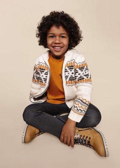 MAYORAL chlapecký pletený svetr světlý s žakárovým motivem a kapucí, zapínáním na zip Velikost: 5/110