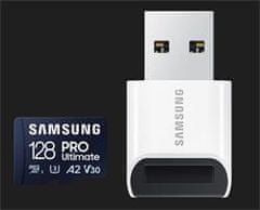 Samsung paměťová karta 128GB PRO Ultimate CL10 Micro SDXC Grade 3 (č/z: až 200/130MBs) + USB Adaptér