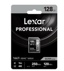 Lexar paměťová karta 128GB Professional 1667x SDXC UHS-II, čtení/zápis: 250/120MB/s, C10 V60 U3