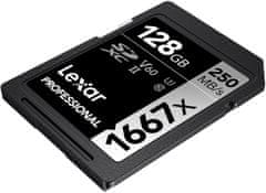 Lexar paměťová karta 128GB Professional 1667x SDXC UHS-II, čtení/zápis: 250/120MB/s, C10 V60 U3