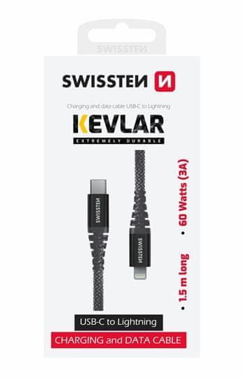 SWISSTEN DATOVÝ KABEL KEVLAR USB-C / LIGHTNING 1,5 M 71544010, šedý