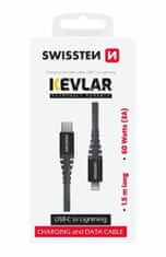 SWISSTEN DATOVÝ KABEL KEVLAR USB-C / LIGHTNING 1,5 M 71544010, šedý