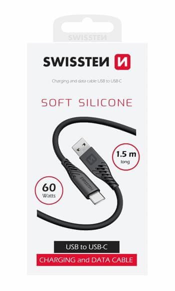 Levně SWISSTEN DATOVÝ KABEL SOFT SILICONE USB / USB-C 1,5 M 60W 71531010, černý