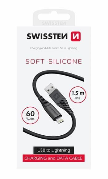 SWISSTEN DATOVÝ KABEL SOFT SILICONE USB / LIGHTNING 1,5 M 60W 71533010, černý