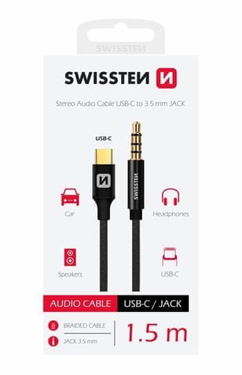 Levně SWISSTEN AUDIO ADAPTÉR TEXTILE USB-C (samec)/3,5 mm JACK (samec) 1,5M 1,5 M 73501303, černý