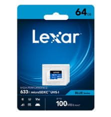 Lexar paměťová karta 64GB High-Performance 633x microSDXC UHS-I, (čtení/zápis:100/45MB/s) C10 A1 V30 U3