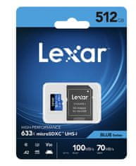 Lexar paměťová karta 512GB High-Performance 633x microSDXC UHS-I (čtení/zápis:100/70MB/s) C10 A2 V30 U + adaptér