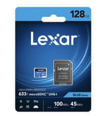 Lexar paměťová karta 128GB High-Performance 633x microSDXC UHS-I (čtení/zápis:100/45MB/s) C10 A1 V30 U + adaptér