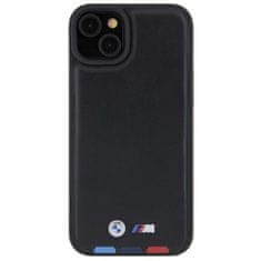Bmw hard kožený obal iPhone 15 PLUS 6.7" Black Leather Stamp Tricolor