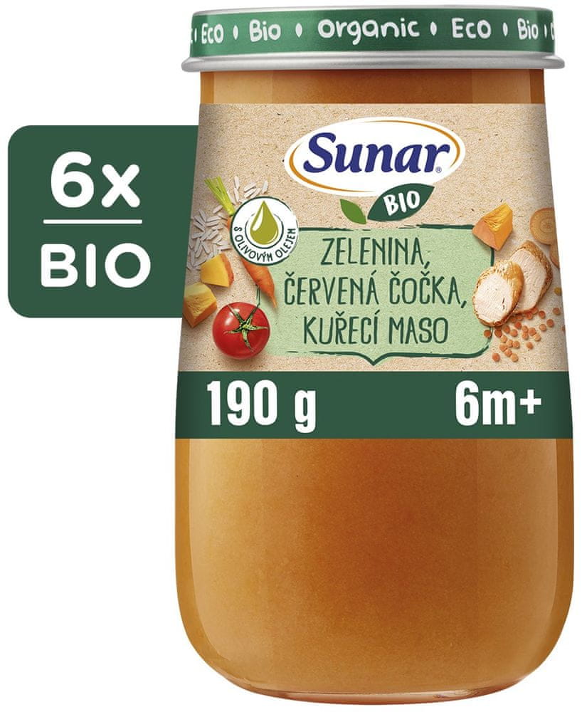 Levně Sunar BIO příkrm zelenina, červená čočka, kuřecí maso, oliv olej 6m+, 6 x 190 g