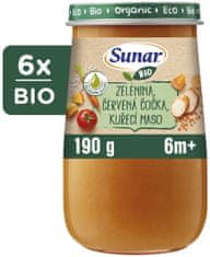 Sunar BIO příkrm zelenina, červená čočka, kuřecí maso, oliv olej 6m+, 6 x 190 g