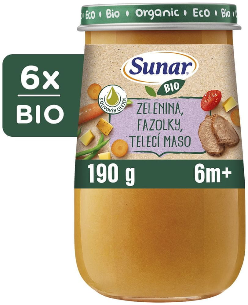 Sunar BIO příkrm zelenina, fazolky, telecí maso, oliv olej 6m+, 6 x 190 g