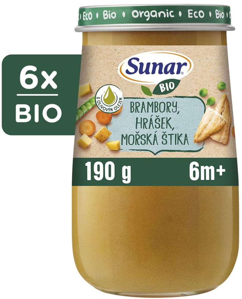 Levně Sunar BIO příkrm brambory, hrášek, mořská štika, olivový olej 6m+, 6 x 190 g