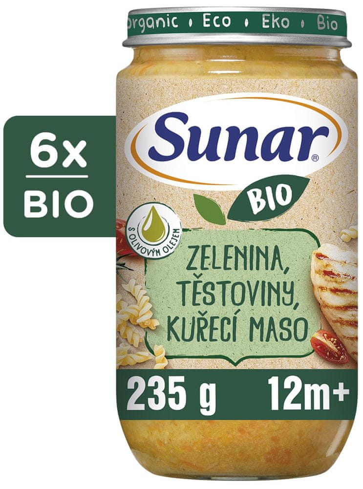 Sunar BIO příkrm zelenina, těstoviny, kuřecí maso 12m+, 6 x 235 g