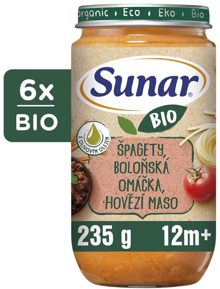 Levně Sunar BIO příkrm špagety, boloňská omáčka, hovězí maso 12m+, 6 x 235g