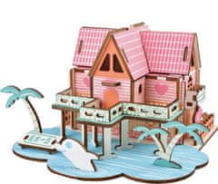 Woodcraft  Dřevěné 3D puzzle Letní dům růžovo-modré