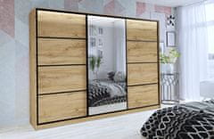 Nejlevnější nábytek Šatní skříň HARAZIA 250 se zrcadlem, 4 šuplíky a 2 šatními tyčemi, dub wotan
