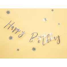 PartyDeco Baner Happy Birthday stříbrný, 16,5 x 62 cm
