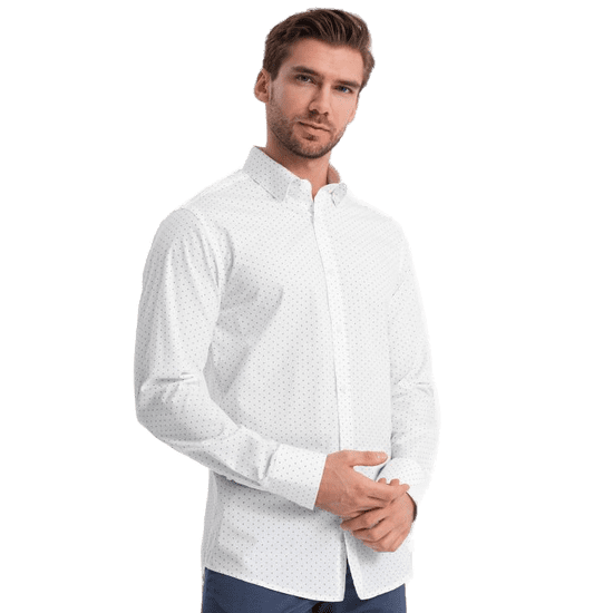 OMBRE Pánská bavlněná košile SLIM FIT s mikro vzorem bílá MDN124370