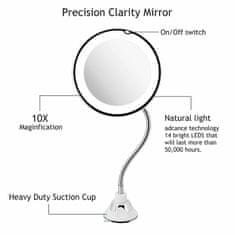 Netscroll Zrcadlo na líčení, zvětšovací zrcadlo s LED světlem a ohebným držákem, pohyblivý krk pro snadnou instalaci, LED světlo pro perfektní osvětlení, 10x zvětšení, BeautyMirror