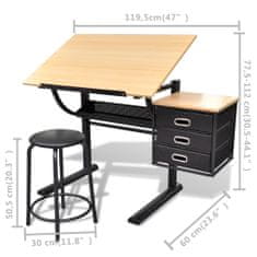 Vidaxl Náklopný kreslicí stůl s židlí a třemi zásuvkami