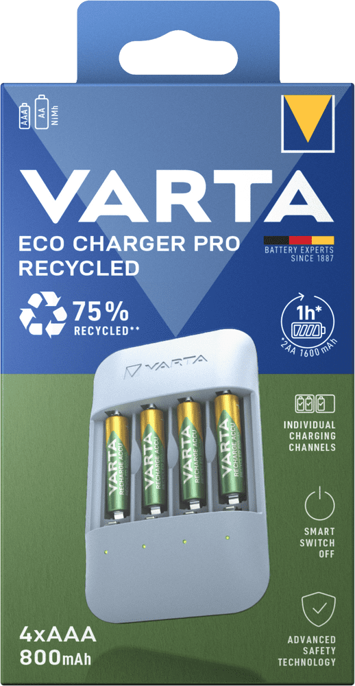 Levně Varta nabíječka baterií Eco Charger Pro Recycled včetně 4 AAA 800 mAh Recycled (57683101131)