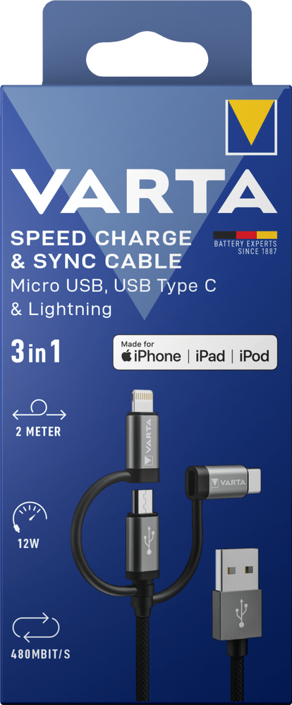 Levně Varta Speed Charge & Sync kabel: 3 v 1 USB A na Lightning/mikro/USB C Box (57937101111)